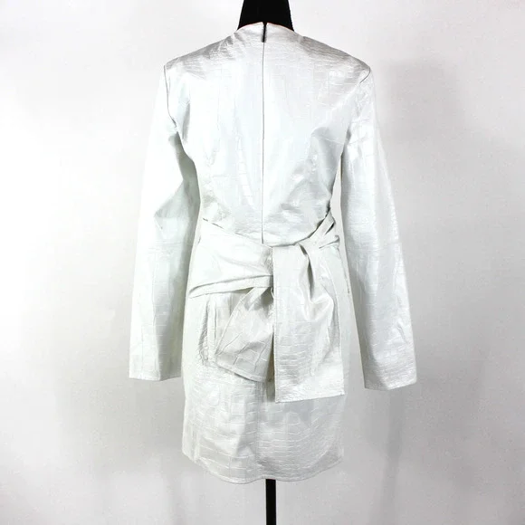 MSGM Abito Faux Leather Dress NEW Croc Embossed Tie Sash Belted White Mini Sz M - Picture 6 of 9
